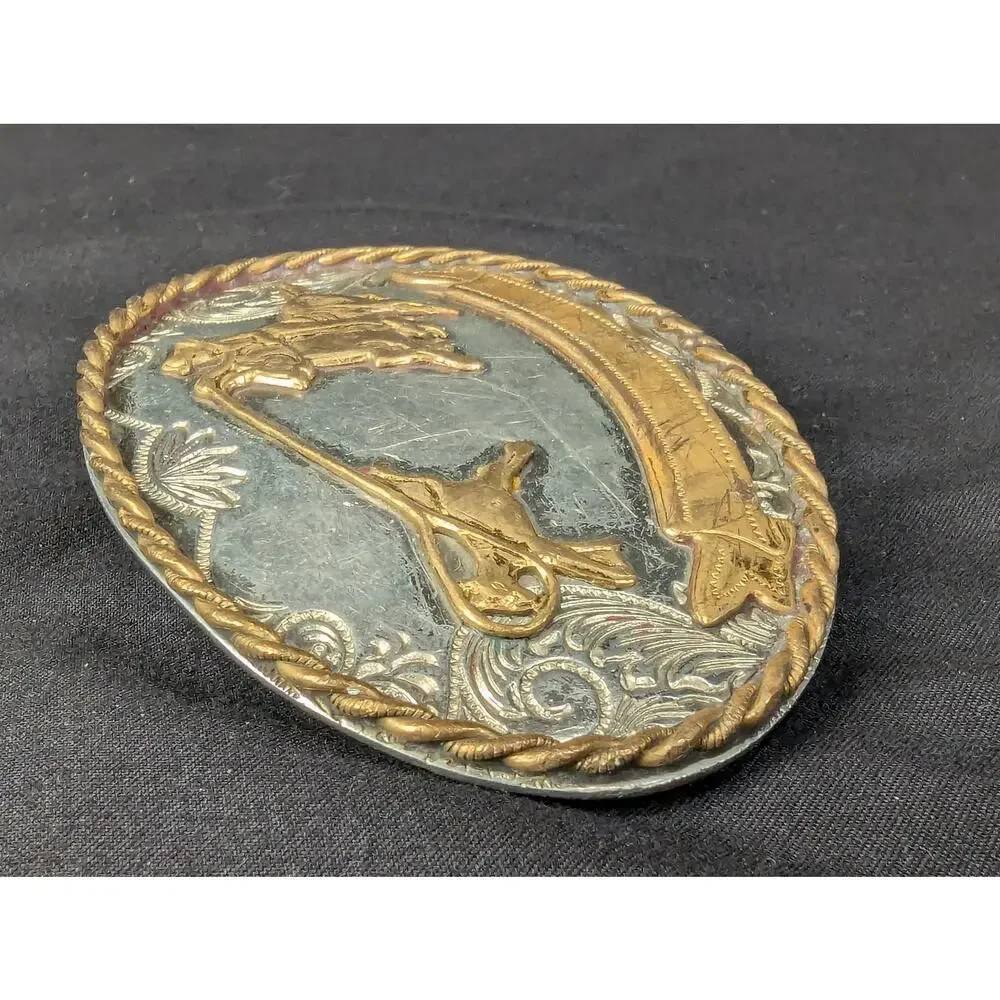 Vintage Western Belt Buckle Roping Cowboy Motif Nickel Silver Gold Tone 3.5 Inch